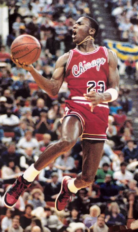 Basketball legend Michael Jordan mid-flight